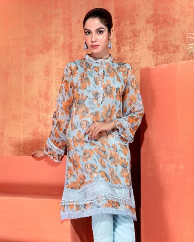 Printed Round Neck Short Kameez | Tropical Print