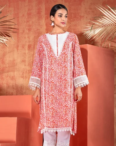 Printed Round Neck Short Kameez | Sunset Orange