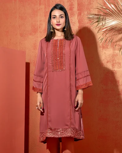 Round Neck Long Kameez | Red Clay