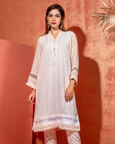 V-neck Printed Short Kameez | Peach Puff