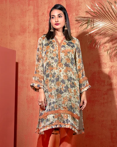 Ruffle V-Neck Short Kameez | Burnt Ochre