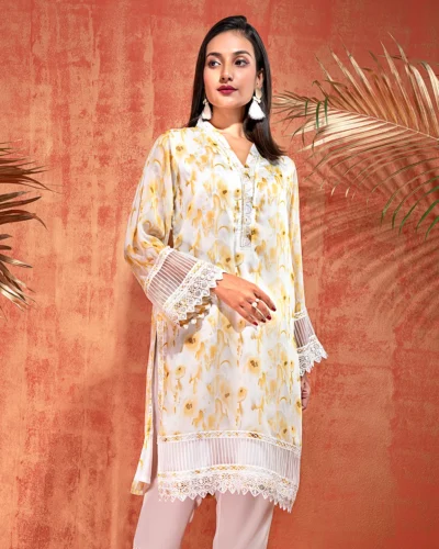 V-neck Printed Long Kameez | Yellow Sand