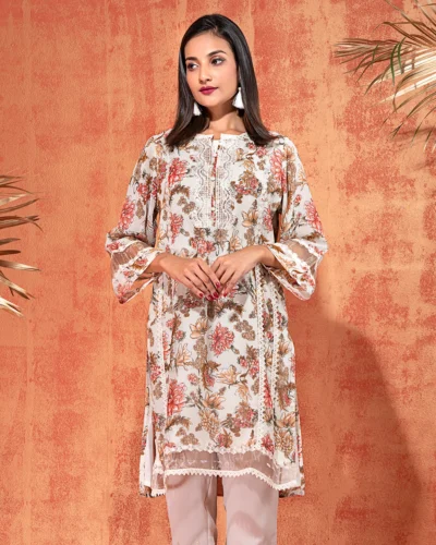Printed Round Neck Short Kameez | Cream