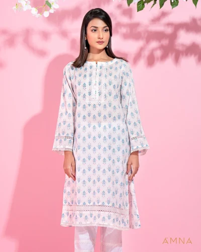 Round Neck Cotton Long Kurta By AMNA | White