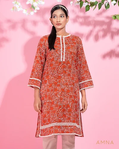 Round neck with lace details long kurta by AMNA | Brick