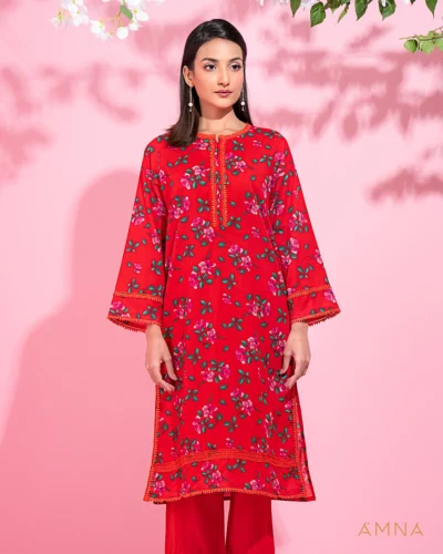 Round neck with lace details long kurta by AMNA | Red