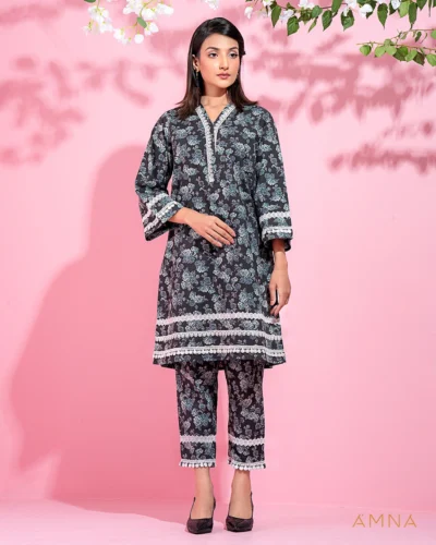 Cotton co-ord kurta and bottom set by AMNA | Black Navy
