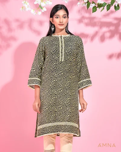 Round neck with lace details long kurta by AMNA | Black Yellow