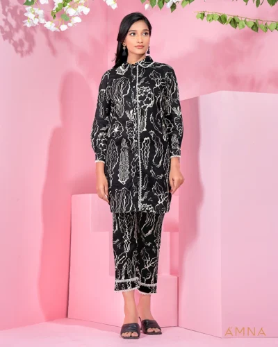 Female shirt collar neck with placket lace detailed co-ord set by AMNA | Black Print