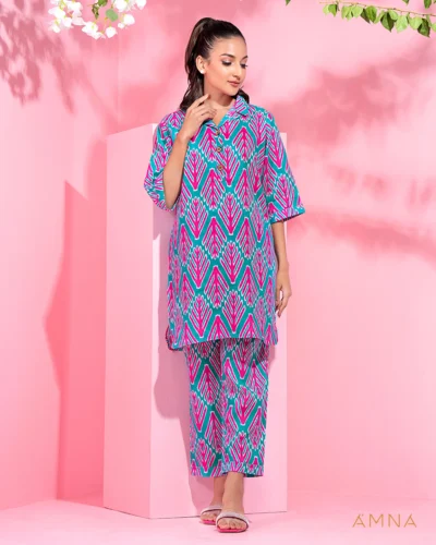 Female Notched Shirt Collar co-ord set by AMNA | Classic Blue