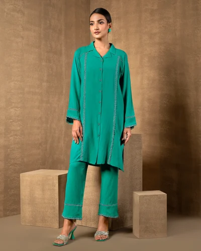 Female Shirt Collar With Lace Details Co-Ord Set | Pine Green