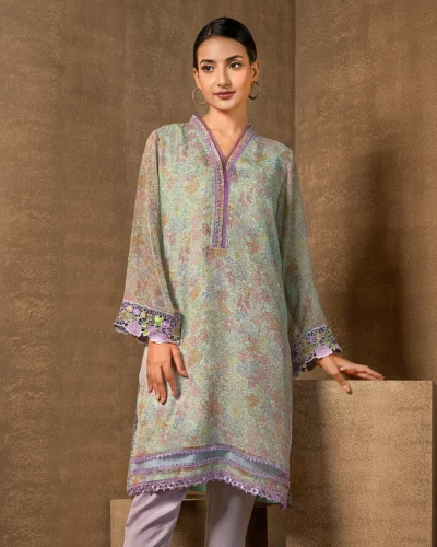 Printed V-Neck Short Kameez | Light Sky Blue