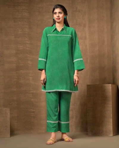 Female Shirt Collar With join Lace Details Co-Ord Set | Green Print