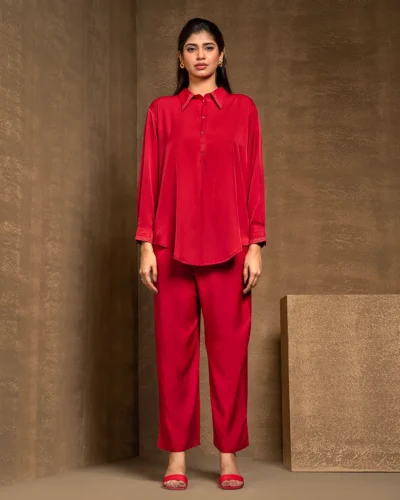 Female Wide Shirt Collar With Wide Hem Bottom Co-Ord Set | Biking Red