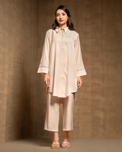 Female Shirt Collar With Lace Details Co-Ord Set | Biscuit