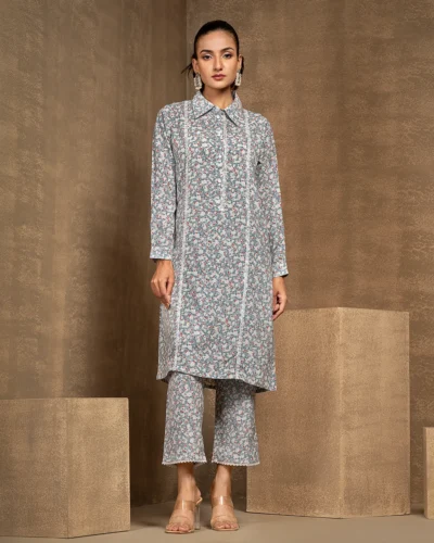 Printed Shirt Collar Co-Ord Set With Lace Details | Arctic Blue