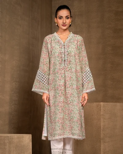 Ruffled V-neck Long Kameez | Neo Mint