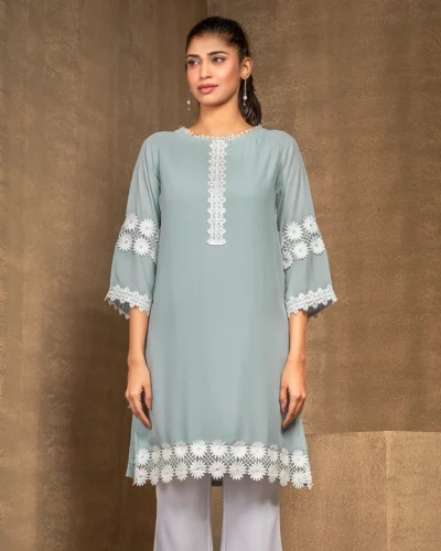Female Short Kameez With Contrast Pipin & Lace & Details | Aqua