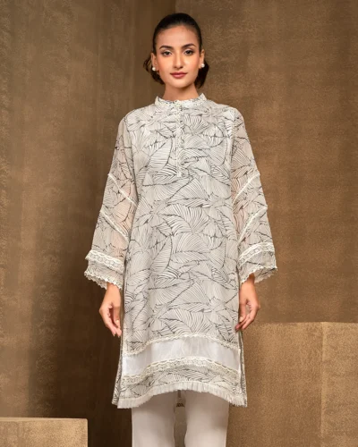 Printed Round Neck Short Kameez | White Black
