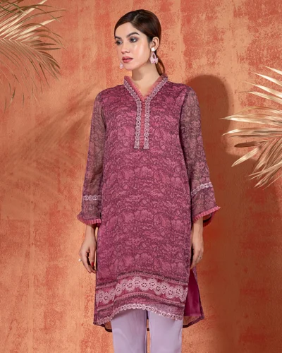 Ruffled V-neck Short Kameez With Lace | Lavender Pink