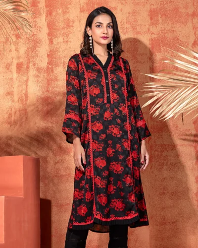 Ruffled V-Neck Long Kameez | Black