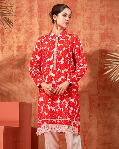 Printed Shirt Collar Short Kameez | Orange