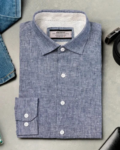 Luxury Linen  slim fit woven printed shirt | Dark Navy