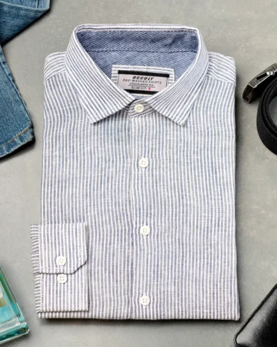 Luxury Linen  slim fit woven striped shirt | Navy Blue