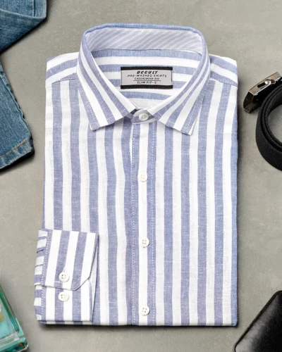 Luxury linen slim fit woven striped shirt | Royal Blue