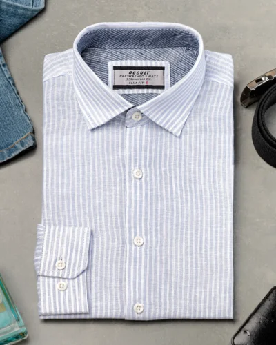 Luxury Linen  slim fit woven striped shirt | Sky Blue