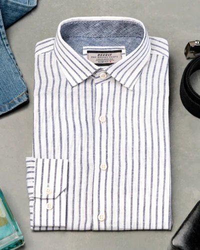 Luxury Linen  slim fit woven striped shirt | White