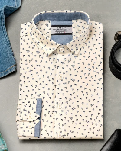 Cotton slim fit woven printed shirt | Cream White