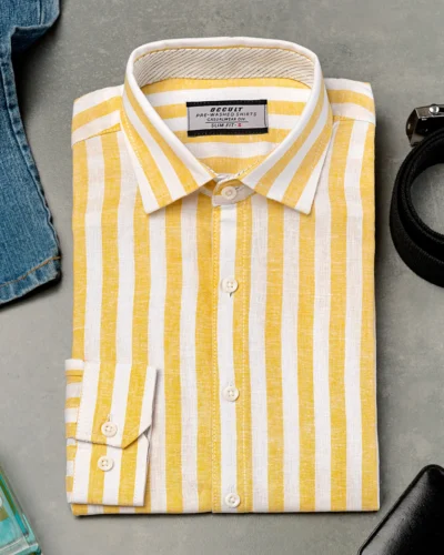 Luxury linen slim fit woven striped shirt | Yellow