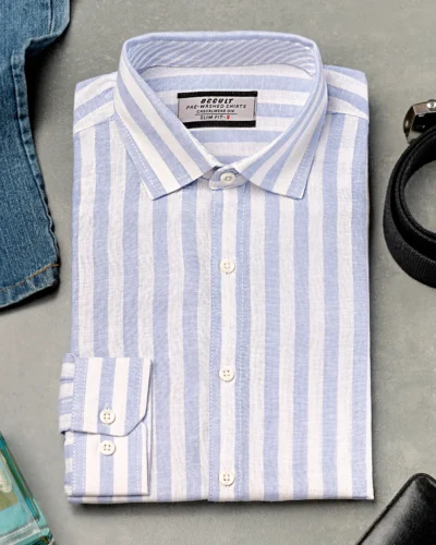 Luxury linen slim fit woven striped shirt | Powder Blue