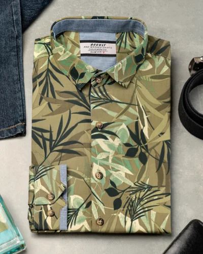 Cotton slim fit woven printed shirt | Crocodile Green