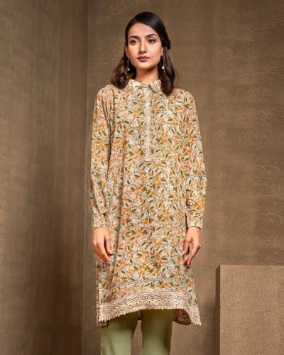 Printed Shirt Collar Short Kameez | Beige