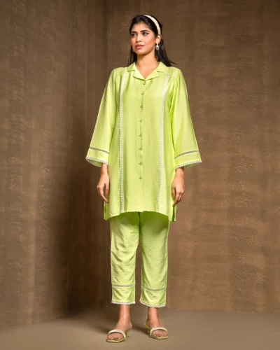 Female Shirt Collar With Lace Details Co-Ord Set | Lemon