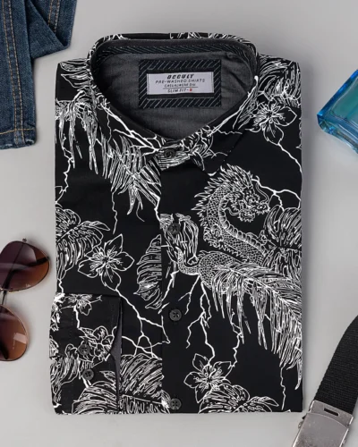 Cotton slim fit woven printed shirt | Jade Black