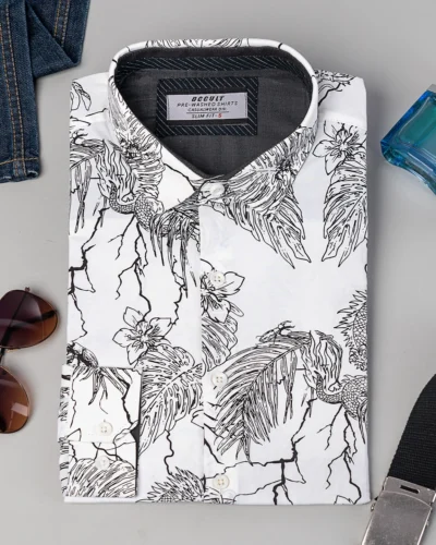 Cotton slim fit woven printed shirt | White Black