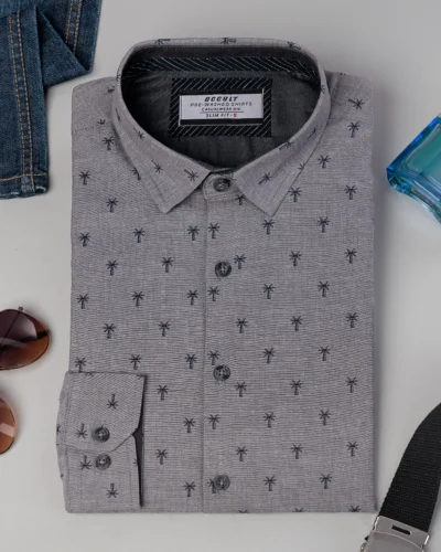 Cotton slim fit woven printed shirt | Pewter Grey