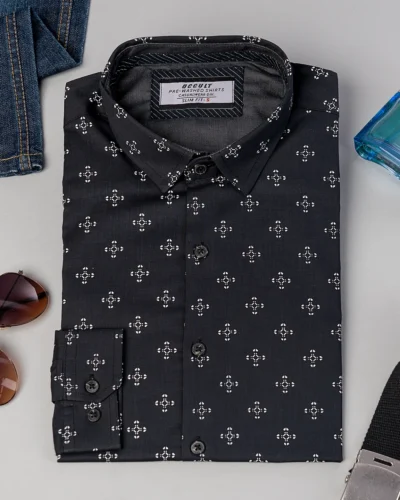 Cotton slim fit woven printed shirt | Graphite Black