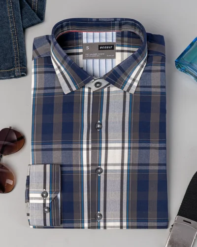 Cotton slim fit woven checkered shirt | Dark Navy
