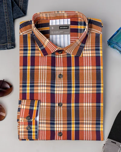 Cotton slim fit woven checkered shirt | Brown