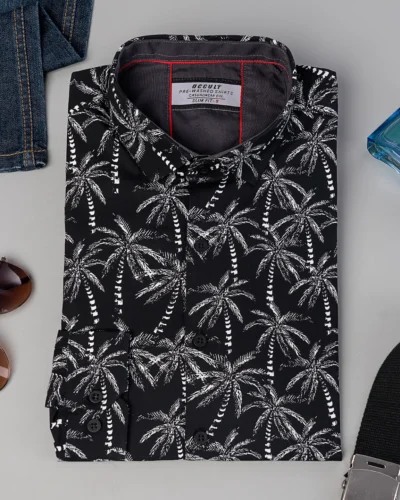 Cotton slim fit woven printed shirt | Jet Black