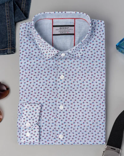 Cotton slim fit woven printed shirt |  White Blue Print