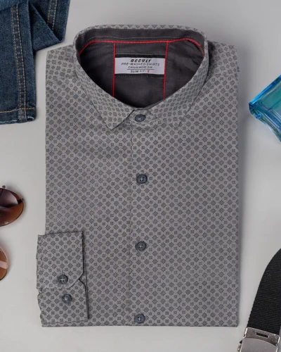 Cotton slim fit woven printed shirt | Ash