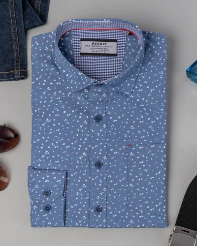 Cotton slim fit woven printed shirt | Blue Glass