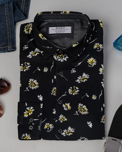 Cotton slim fit woven printed shirt | Pitch Black