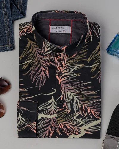 Cotton slim fit woven printed shirt | Oil Black