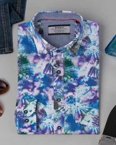 Cotton slim fit woven printed shirt | Blue Sapphire